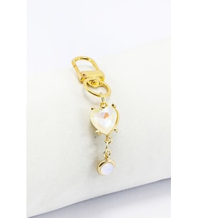 Parlak Taşlı Metal Kalp Görünümlü Boncuklu Klipsli Gold Renkli Cüzdan Süsü Charm Çanta Süsü
