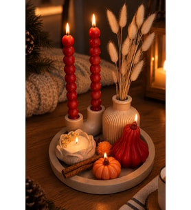 Sonbahar Masalı Mum - Mumelia Candles Doğal Soya Balkabağı Şamdan Taştozu Lotus Vazo Tasarım Dekoratif Mum Seti