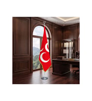 Üç Hilal Kırmızı Direkli - Altın Saçaklı Saten Makam Bayrağı Seti (Krom Direk)