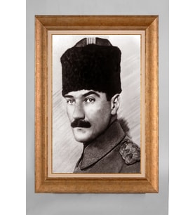Altın Varaklı Çerçeveli Paspartulu Atatürk Tablo a60 (Gold)