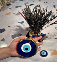 El Yapımı Hediyelik Cam Nazar Boncuğu, Yaldızlı, Mavi 11 cm Duvar Süsü, ve Magnet (Mavi-Mavı)