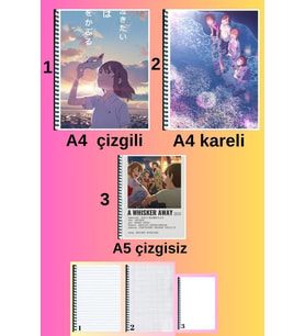 a whisker away 3 adet defter seti A4 büyük boy 72 sayfa çizgili_kareli + A5 çizgisiz defter seti