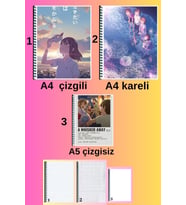 a whisker away 3 adet defter seti A4 büyük boy 72 sayfa çizgili_kareli + A5 çizgisiz defter seti