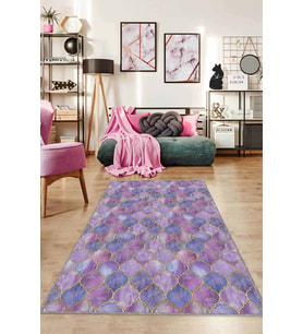 Eflatun Fas Desen Kaymaz Tabanlı Dekoratif Halı RV158 - 100 x 160 cm