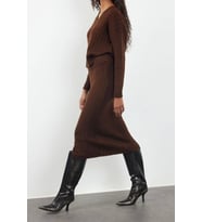 Tarz Kadın Modern Moda Normal Bel Boru Paça V Yaka Yünlü Saç Örgü Triko Alt-Üst Takım (Kahverengi)