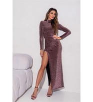 Neşeli butik kadın yırtmaçlı buzy kumaş vatkalı abiye elbise NBEMP2337 (Gül Kurusu)