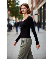 Kadın Fitted Havuz Yaka İnce Triko Crop Bağlama Detaylı Uzun Kollu Modern Şık Günlük Kazak