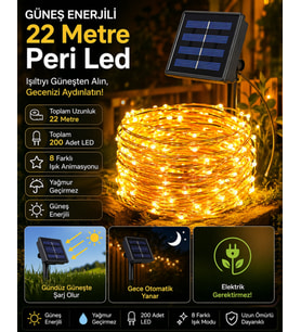 Güneş Enerjili 22 Metre Peri Led Işık 200 Led 8 Mod Dış Mekan Ağaç Balkon Solar Bahçe Aydınlatma