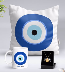 BK Gift Kişiye Özel Nazar Temalı Yastık Kupa ve Açılan Nazar Kolye Hediye Seti (Model 1)