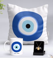 BK Gift Kişiye Özel Nazar Temalı Yastık Kupa ve Açılan Nazar Kolye Hediye Seti (Model 1)