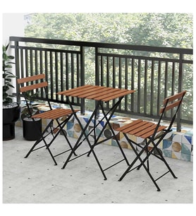 Katlanır Metal Ayaklı Ahşap Masa Sandalye Bistro Üçlü Set 60x60x75 Balkon Masası Sandalye