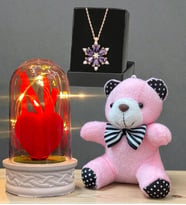 Gerçek Ametist Taşlı Lotus Kolye, Peluş Anahtarlık ve Led Işıklı Fanus Hediye Seti (Model 1)