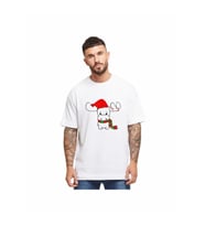 Yılbaşı Noel Ren Geyiği Baskılı Kısa Kollu Oversize Bisiklet Yaka T-shirt - Beyaz
