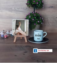 Bride Fotoğraflı Dekoratif Taş, Ahşap Altlıklı Türk Kahvesi Fincanı Hediye (Model 7)