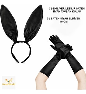 Siyah Parlak Tavşan Kulak ve 40 cm Parlak Siyah Eldiven Kostüm Seti