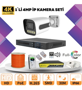 1'li Güvenlik IP Kamera Seti - 4MP Dış Mekan Kamera, 3.6mm Lens, H.265, PoE, Warm Led Gece Görüşlü (Beyaz)