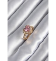 Pirinç Gold Renk Pembe Zirkon Taşlı Charm Kalp Model Kadın Yüzük (Karışık)