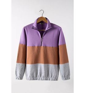 Unisex Üç Bloklu Yarım Fermuarlı Rahat Kalıp Sweatshirt 21K-5200456 Mor