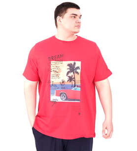 Mode XL Büyük Beden Erkek Baskılı T-Shirt Palm Dream U25026 Kırmızı