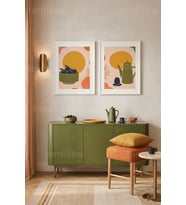 Retro Minimalist Soyut Mutfak Objeleri 2'li Ahşap Çerçeveli Tablo Seti