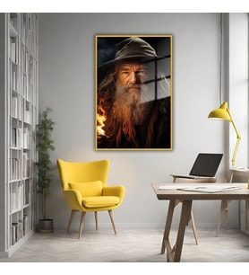 Metal Çerçeveli Cam Tablo Yüzüklerin Efendisi Gandalf Portresi (Gold)