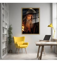 Metal Çerçeveli Cam Tablo Yüzüklerin Efendisi Gandalf Portresi (Gold)