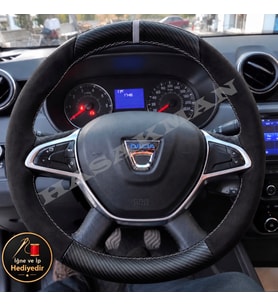 Dacia Dokker Dikme Direksiyon Kılıfı Alcantara Süet Mat Karbon Gri Yüzük ve Dikiş 2017-2021