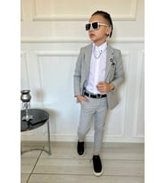 MODAVALS 7 PARÇA MENDİLLİ, ÇİFT ZİNCİRLİ YAKA İĞNELİ CEKETLİ ERKEK ÇOCUK TAKIM ELBİSE - GRİ