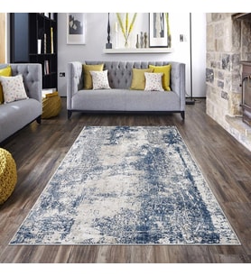 Mavi Vintage Desenli Yıkanabilir Kaymaz Taban Leke Tutmaz Modern Salon Halısı ve Yolluk