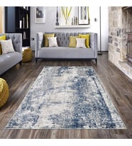 Mavi Vintage Desenli Yıkanabilir Kaymaz Taban Leke Tutmaz Modern Salon Halısı ve Yolluk