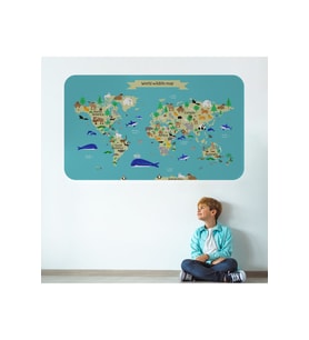Eğitici Dünya Haritası Dünya Atlası Çocuk Ve Bebek Odası Duvar Sticker-3829-85x130