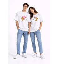 Sevgili Kombini Ayıcık Kalp Baskılı Çift Tişört Oversize Unisex Partner Kombin Seti (Beyaz)