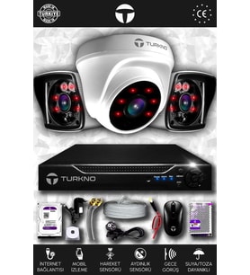 TURKNO 3 Kameralı Karia 1 İç Kamera Set 500 GB HDD Full HD Gece Görüşlü Güvenlik Kamerası Sistemi