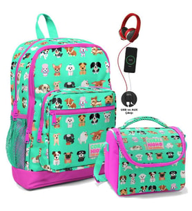 Coral High Okul Çantası ve Beslenme Çantası Seti - Kız Çocuk Yeşil Pembe Köpek - USB Soketli
