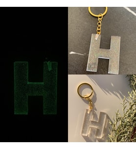 H Harfi Fosforlu Neon Yeşil Renk Parlak Simli Gold Aksesuarlı Anahtarlık El Yapımı Epoksi Hediyelik