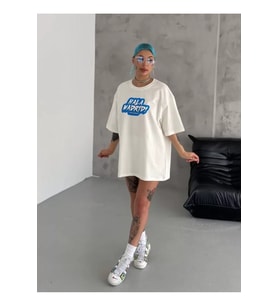 Unisex Bisiklet Yaka Baskılı Oversize T-Shirt - Beyaz