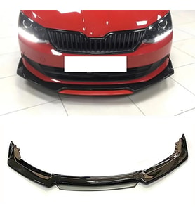 Skoda Fabia Gri Renkli Şeritli Dilli Ön Lip 4 Prç Parlak Siyah ABS
