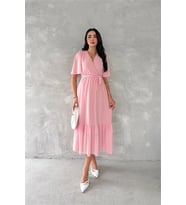 Neşeli butik kadın kruvaze yaka kuşaklı şifon elbise NBK4115 (Pembe)