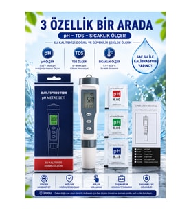 3'ü Bir Arada Tds ve Sıcaklık Ölçer Ledli Su Test Cihazı
