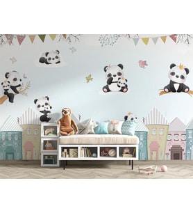 Gökyüzündeki Sevimli Pandalar Çocuk Odası Duvar Kağıdı