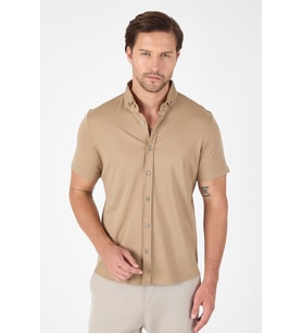 Koyu Bej Kısa Kol Düğmeli Yaka Cepsiz Performans Ürün Slim Fit  Gömlek 1004250256