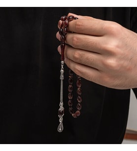 Sıkma Kehribar 925 Ayar Gümüş Tesbih (Bej)