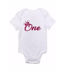 One 1 Yaş Baskılı Fuşya Pırıltılı Basılı Bebek Body Zıbın