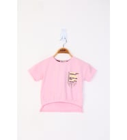 Toontoy Kız Çocuk Baskılı Taş İşlemeli Tişört (Açık Pembe)