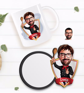 BK Gift Kişiye Özel Erkek Chef Karikatürlü Beyaz Kupa ve Ahşap Bardak Altlığı Hediye Seti-1