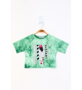 Toontoy Kız Çocuk Reglan Kol Batik Desenli Baskılı Tişört (Yeşil)