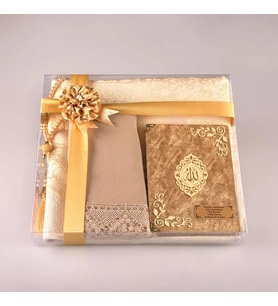 Şal + Seccade + Tesbih + Yasin Hediye Seti (Çanta Boy, Şems Lafzatullah, Raşel Cilt, Gold)