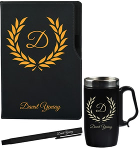 Arkadaşa Hediye Kişiye Özel Siyah Defter Termos - Mug ve Roller Kalem Hediye Seti