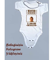 Wanted Yazılı Kişiye Özel Resim Fotoğraf  Baskılı Hediye Bebek Body Zıbın Kısa Kollu (Pamuk Beyaz)