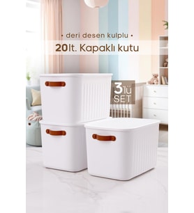 3 Adet Kulplu Beyaz Dolap Düzenleyici 20 Lt Kapaklı Saklama Kutusu Sepet Oyuncak Kutusu Organizer